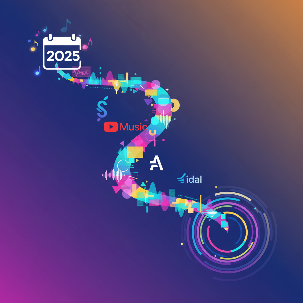 A vibrant and modern infographic showing music notes, a calendar icon with "2025," and various music streaming app logos subtly integrated into a dynamic flow. Emphasize personalized data visualization and the excitement of a year-end recap. Clean infographic, modern layout, high contrast. Colored background with soft gradients, minimal empty space. No text.
