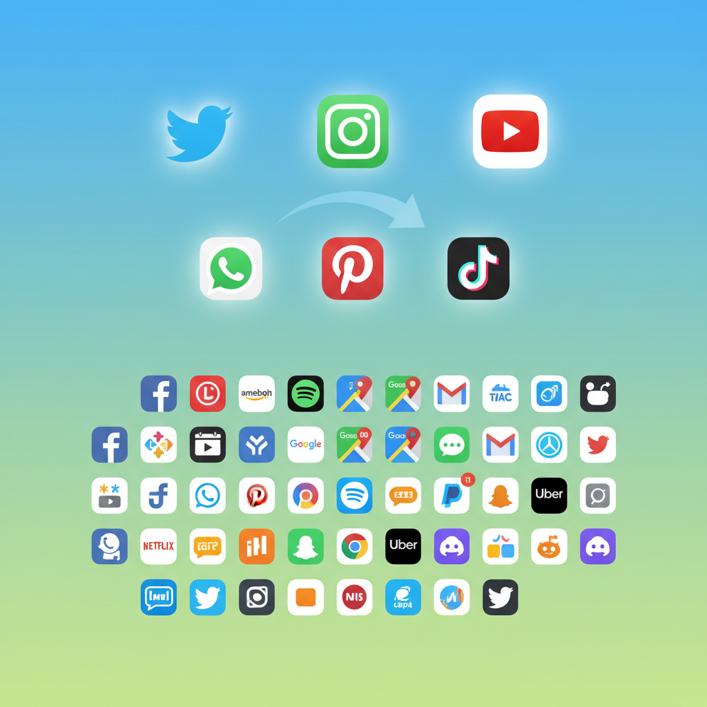 A clean, visually rich illustration of various popular mobile app icons, with some highlighted at the top, representing a shift in rankings. Bright, balanced lighting, colored background, no text, infographic style.