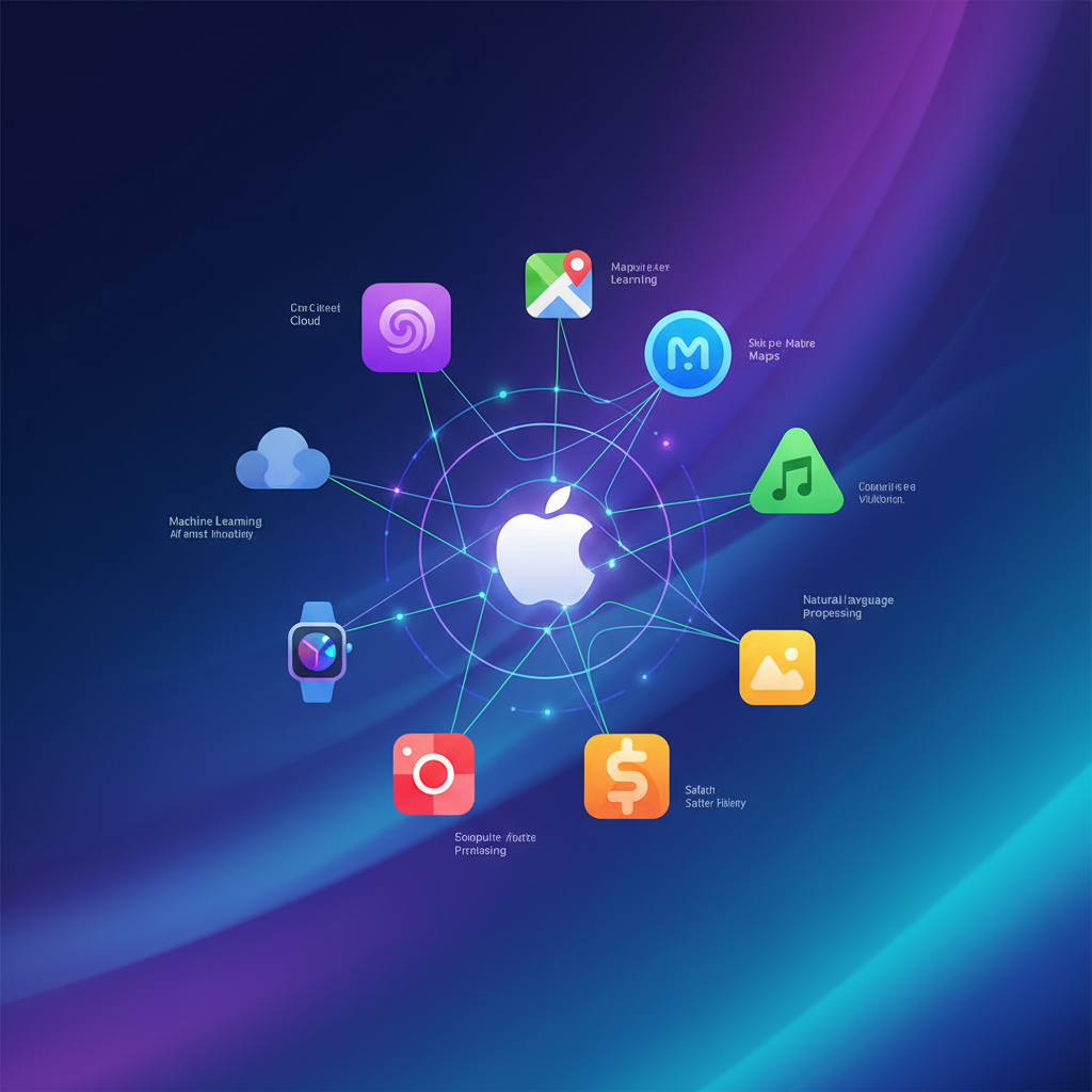 A clean infographic showing various Apple apps (represented by abstract icons) interconnected by glowing lines, symbolizing AI integration. The background is a modern gradient, highlighting innovation and technological advancement. No text.