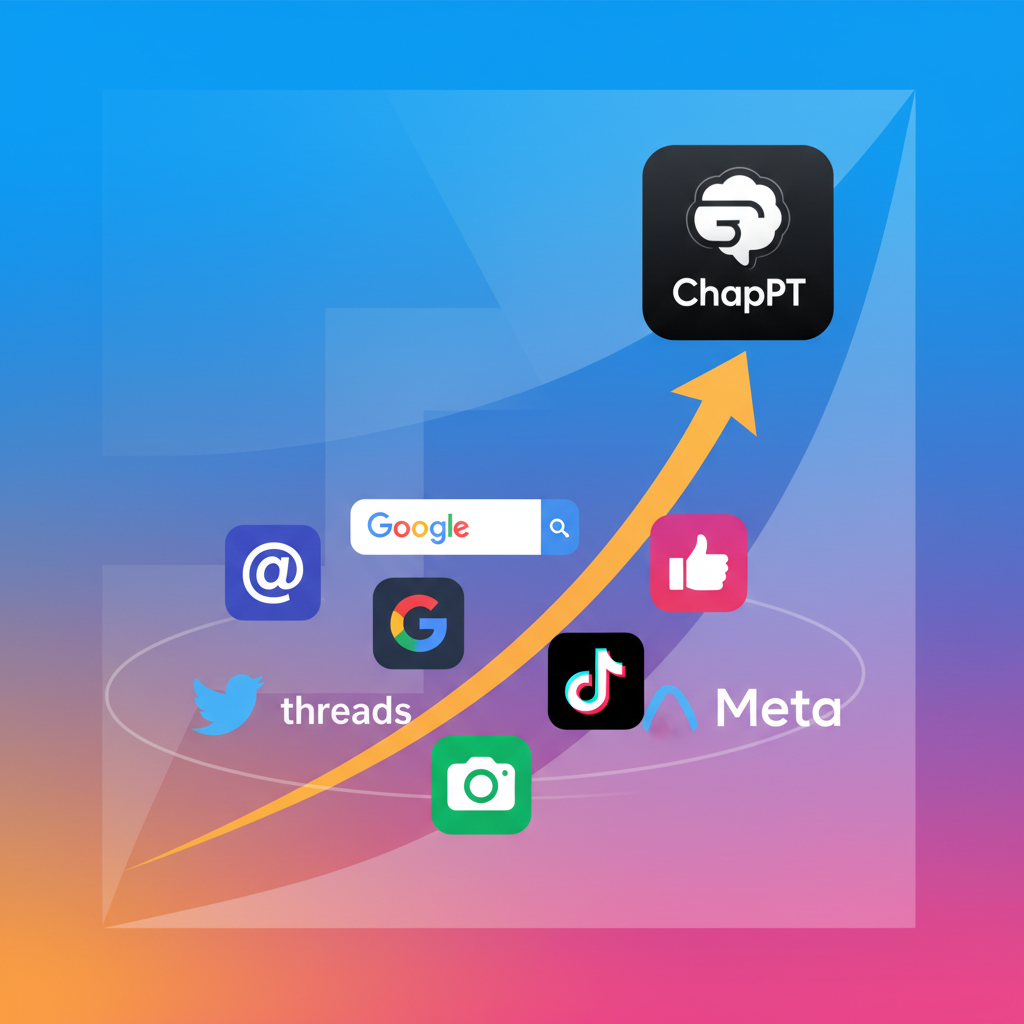 A vibrant infographic showing a rising graph with 'ChatGPT' at the top, surrounded by other app icons like Threads, Google, TikTok. Modern layout, high contrast, colored background, no visible text, only app logos, clean infographic style.