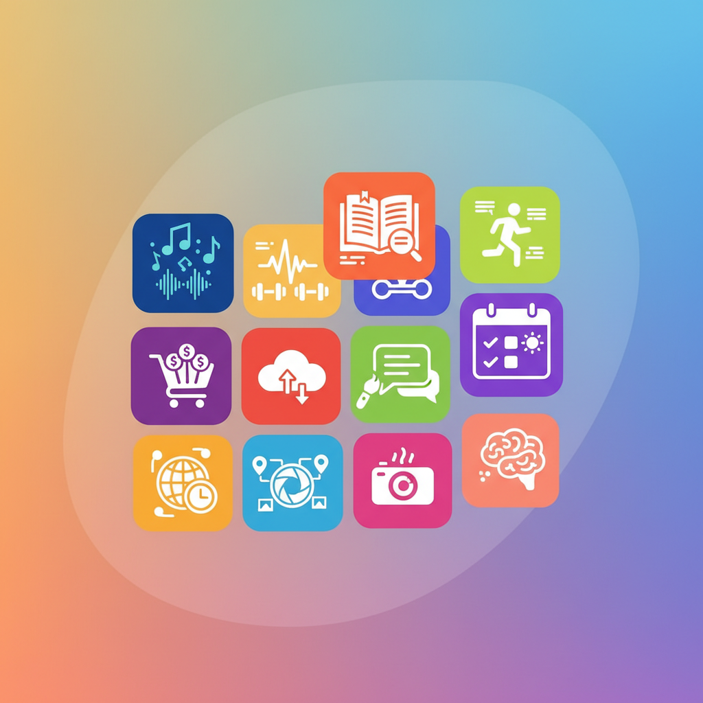 Clean infographic showing a collection of diverse app icons, each displaying a small visual summary of user data like music notes, books, workout stats, and calendar events. Bright, colorful, modern layout with a gradient background. No visible text, no graphs.