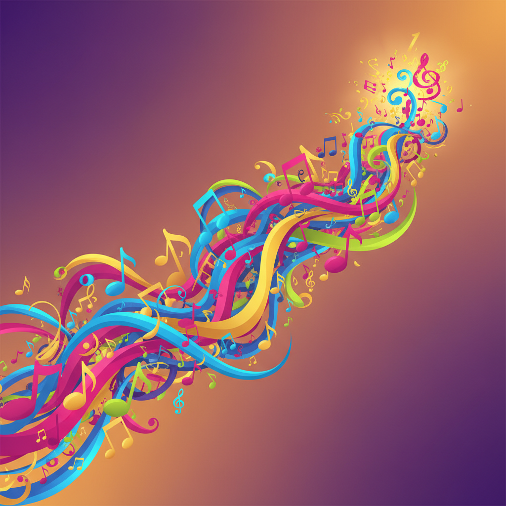 A vibrant illustration of a music chart displaying the top songs of 2025, represented by abstract music notes and flowing lines, conveying a sense of popularity and movement. The background features a dynamic gradient. No visible text in image.