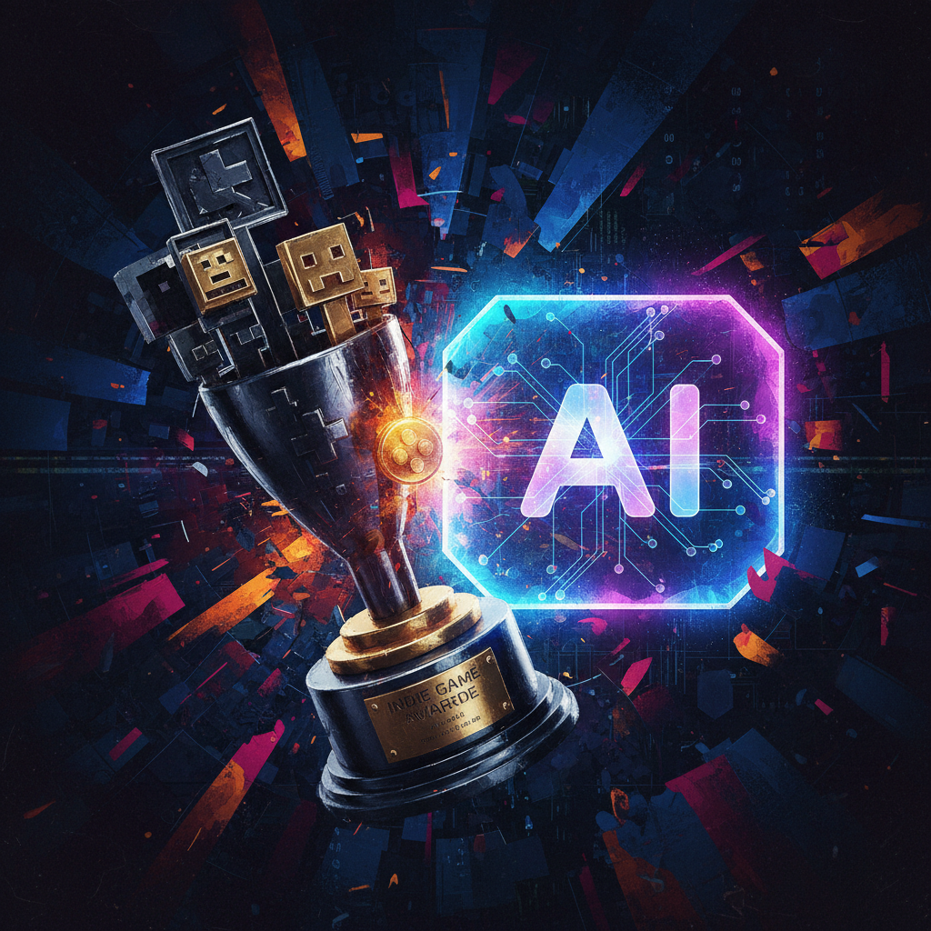 Indie Game Awards trophy clashing with a glowing artificial intelligence icon, modern abstract art, high contrast, textured background, no text, 1:1 aspect ratio