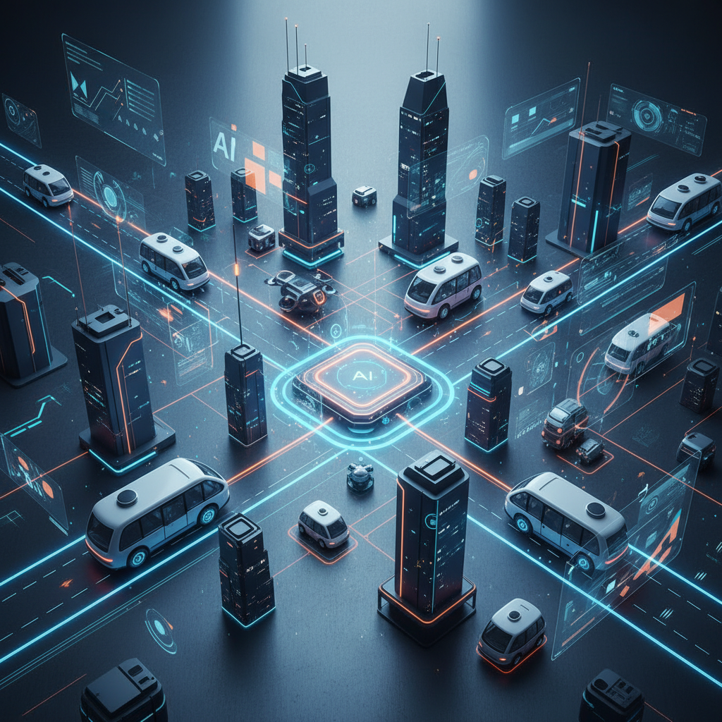 A modern, high-contrast infographic showing futuristic autonomous vehicles seamlessly navigating a city, with subtle AI interfaces overlaying the scene. A focus on data flow and intelligent decision-making. Textured background with a bright, balanced lighting. No visible text.