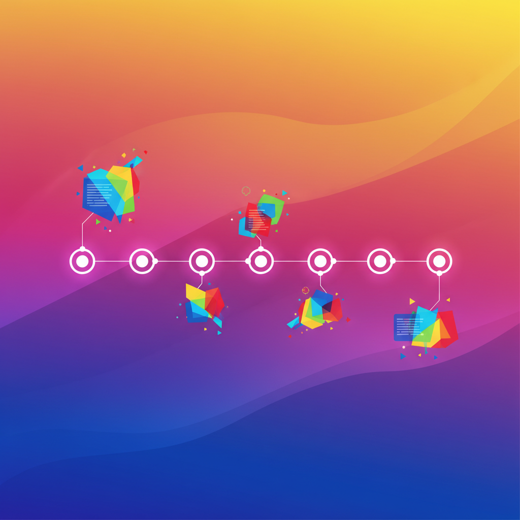 A modern infographic showing a timeline of ChatGPT's evolution with new features highlighted, vibrant gradient background, clean design, no text