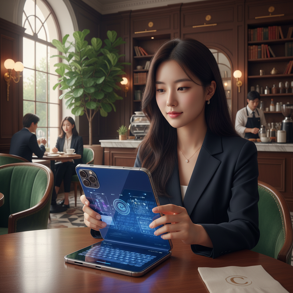 A sleek, futuristic foldable iPhone in a sophisticated cafe setting, natural light, rich background, Korean woman using it, no text