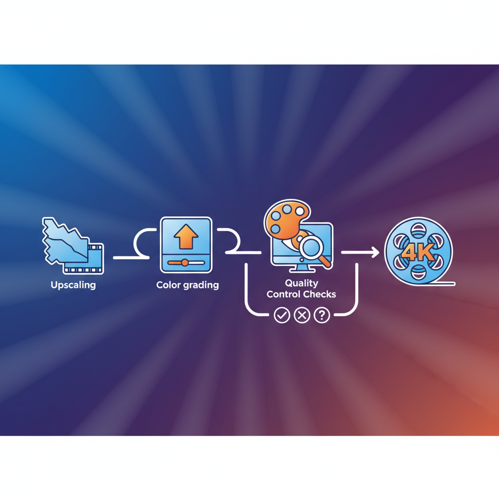 A detailed infographic depicting the complex process of 4K remastering, showing various stages like upscaling, color grading, and quality control checks. Use clean, modern icons and flow lines on a vibrant gradient background. Style: clean infographic, high contrast. No visible text.