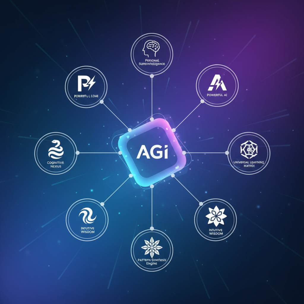 A dynamic infographic showing various AI company logos, each with a different, newly coined "intelligence" term like "Personal Superintelligence" or "Powerful AI" branching out from a central, vaguely defined "AGI" concept. The background is a gradient of futuristic blues and purples. No text, clean infographic, modern layout, high contrast, colored background
