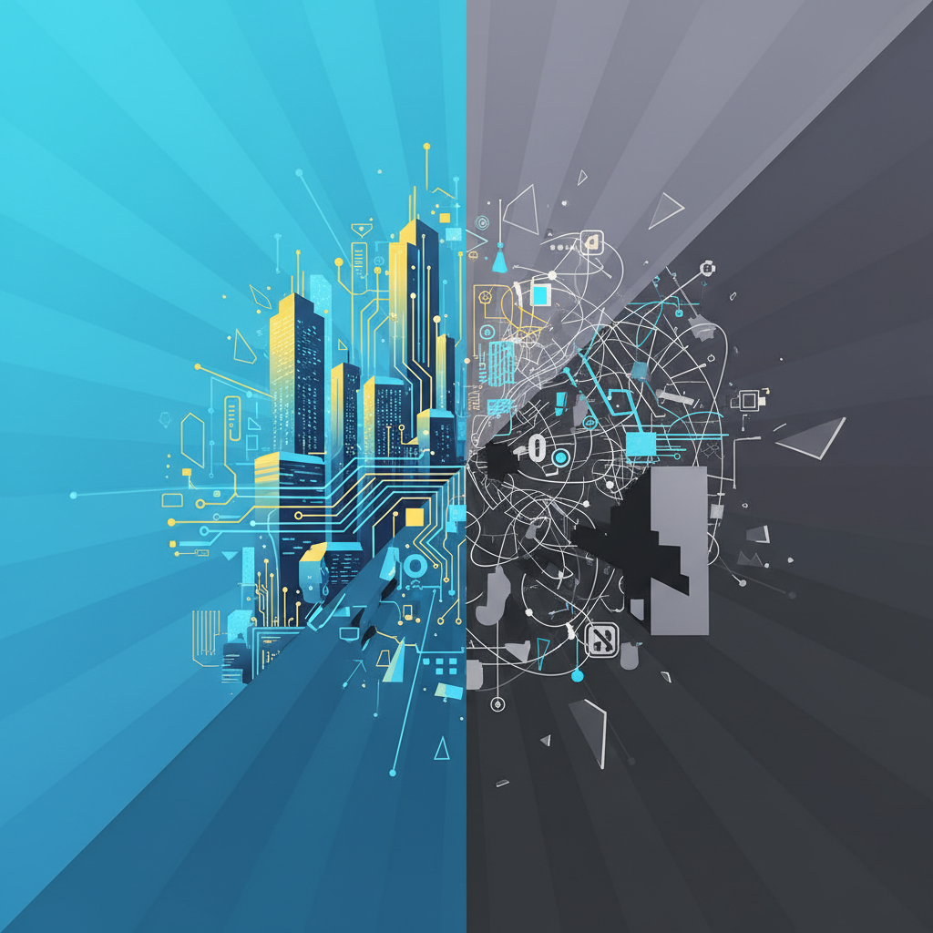 An abstract, symbolic illustration representing the duality of Artificial General Intelligence. One side shows thriving cities and scientific advancements, while the other side depicts chaotic or uncertain elements, like broken networks or shadows. The overall style is clean infographic, modern layout, high contrast, with a gradient background transitioning between bright and muted tones. No text.