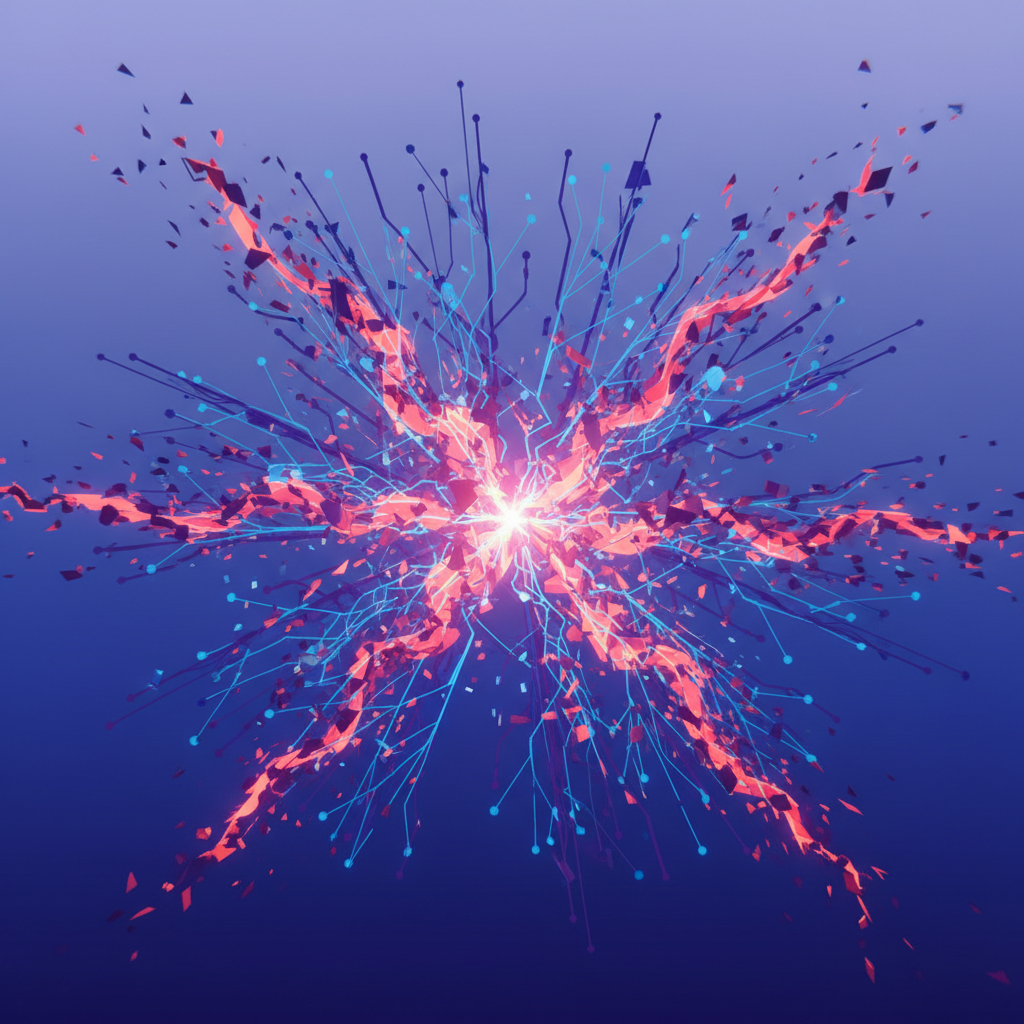 An illustration with an abstract representation of information spreading rapidly through a network, symbolizing the disseminative power of fake news, modern layout, high contrast, gradient blue and purple background, no text.