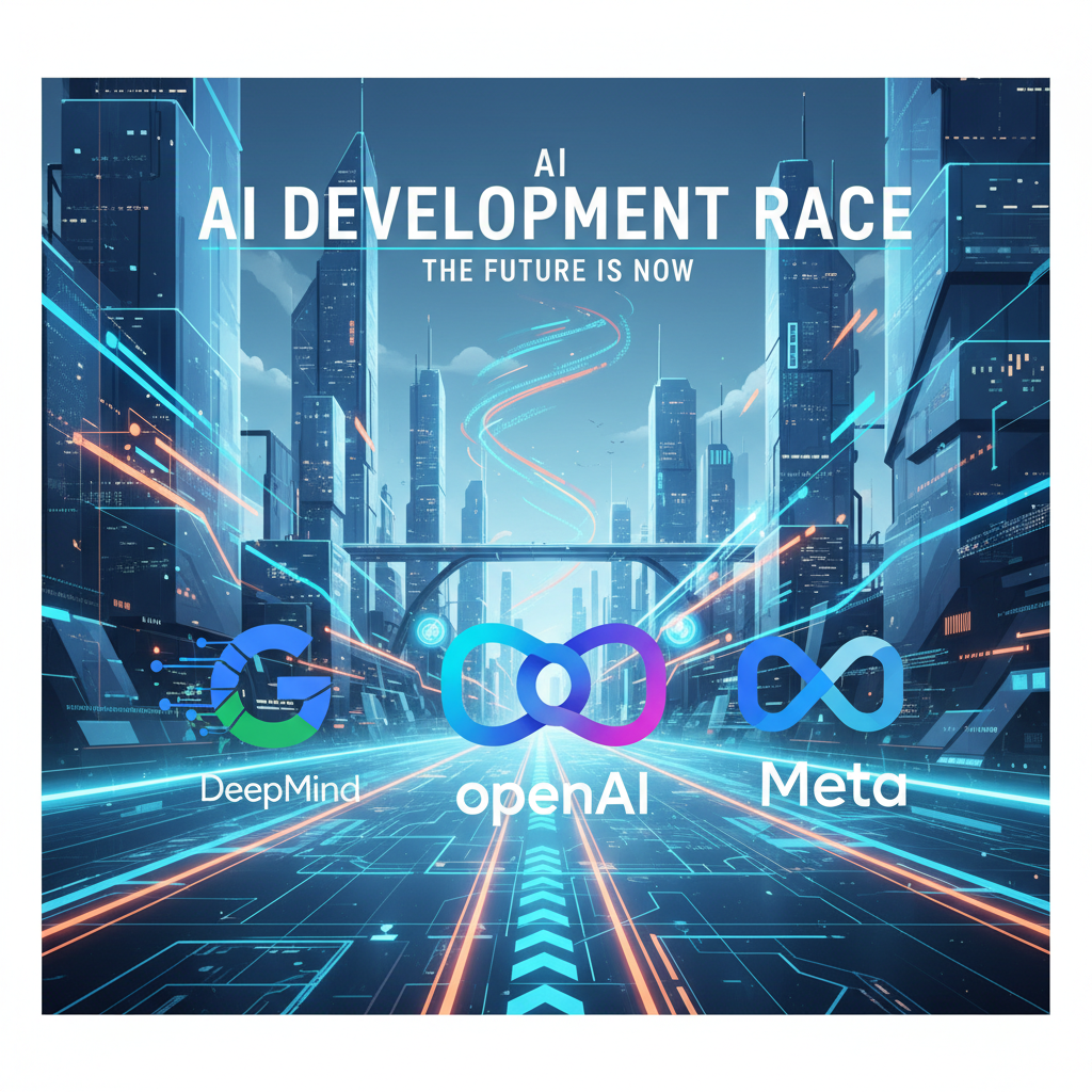 A dynamic infographic illustration showing various AI company logos (Google DeepMind, OpenAI, Meta) racing on a digital track, symbolizing intense AI development competition. The background features a futuristic cityscape with glowing data streams. Bright and balanced lighting, clean infographic style.