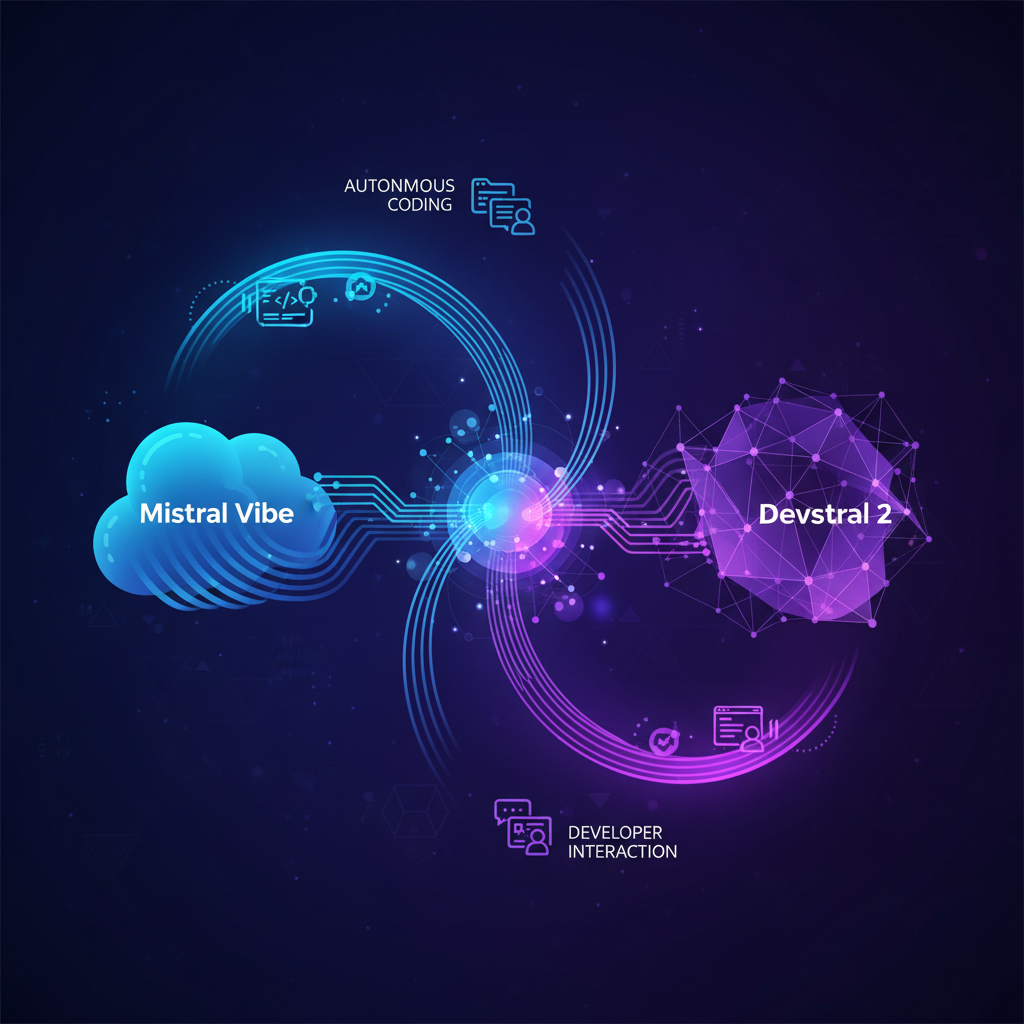 A dynamic, modern infographic illustrating the synergy between Mistral Vibe and Devstral 2, with flowing lines connecting concepts of autonomous coding and developer interaction. Clean layout, high contrast, blue and purple color scheme, textured background, no visible text.
