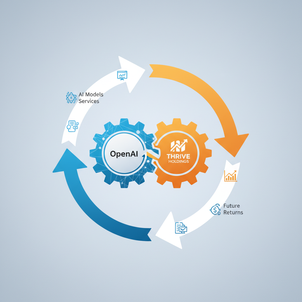 Clean infographic showing two intertwined gears representing OpenAI and Thrive Holdings, with arrows indicating a circular flow of assets (AI models, data, services, future returns). Bright, balanced lighting, modern layout, high contrast, textured background. No visible text, no graphs/charts. Korean appearance for people if needed. Centered focus, visually rich.
