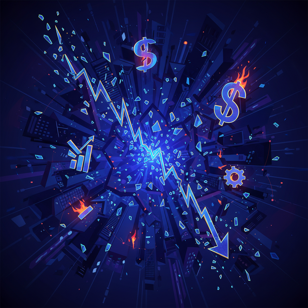 A visually rich illustration of a falling graph or shattered glass effect, with abstract cityscapes and economic symbols in the background, representing a market downturn. Artistic rendering, high contrast, dark blue and purple gradient background, centered focus, no text.