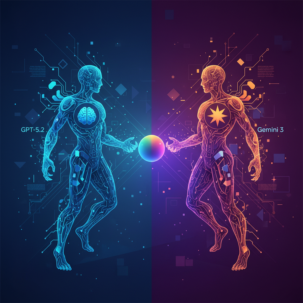 A vibrant and dynamic infographic showing two powerful AI models, GPT-5.2 and Gemini 3, in a competitive but balanced stance, against a tech-inspired, gradient background. Clean layout, high contrast, no text.