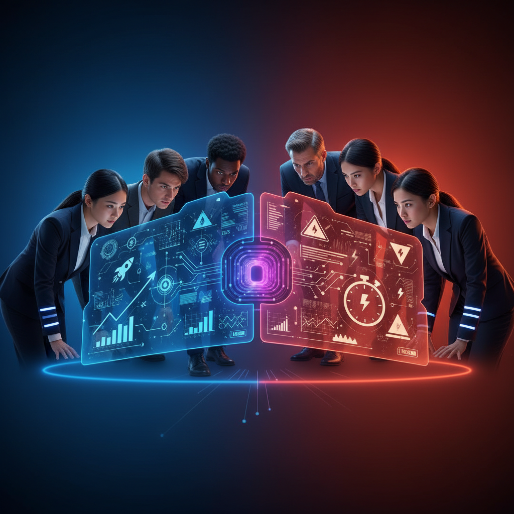 A vibrant infographic showcasing competition and urgency in the AI industry. A group of diverse people looking at a complex but clean interface with AI elements. High contrast, modern layout, colored background. No visible text.