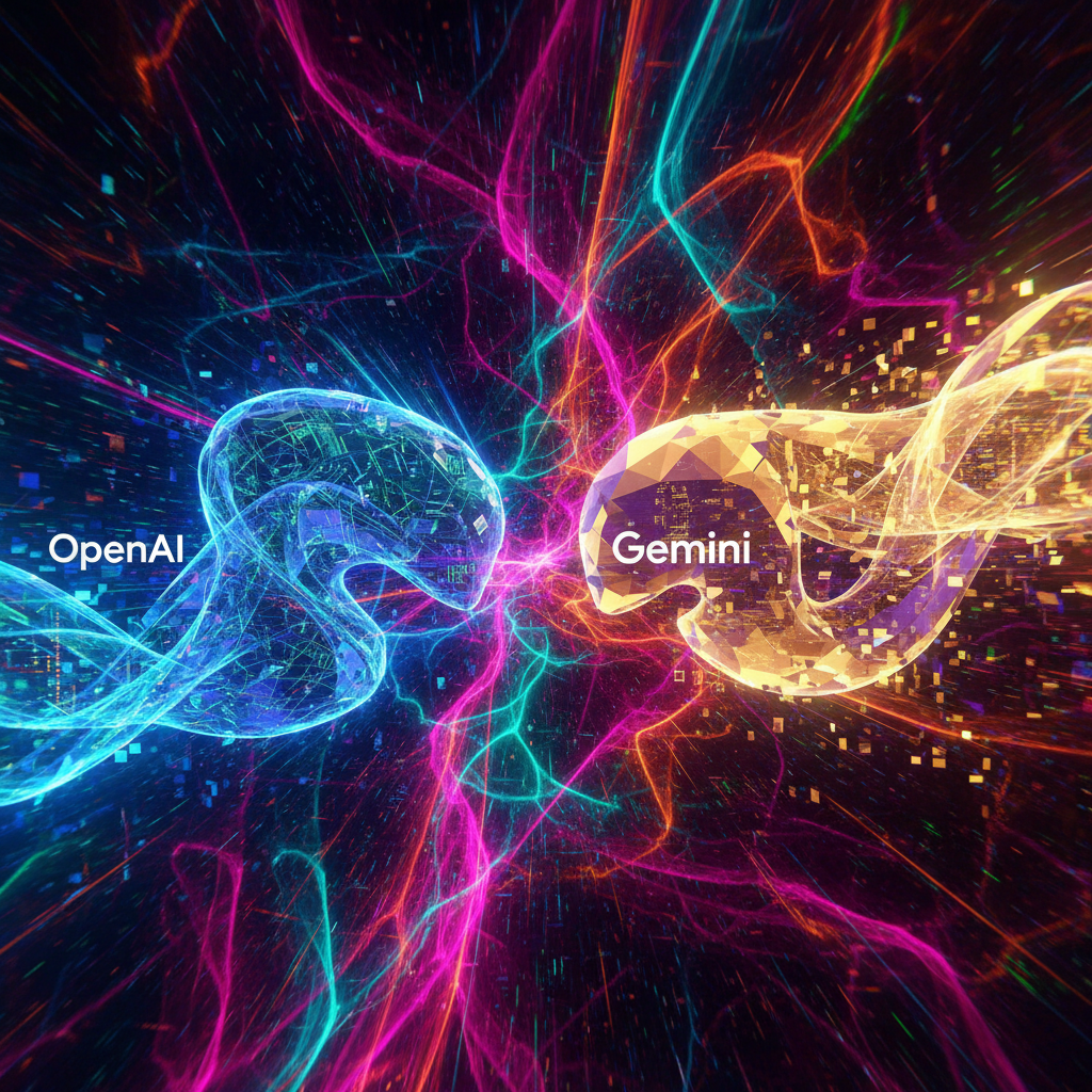 Abstract visualization of a competitive race between two advanced AI representations one for OpenAI and one for Google Gemini on a vibrant textured background high contrast no text
