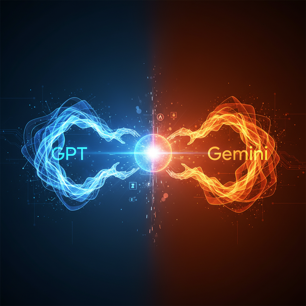 A visually striking clean infographic with a modern layout, showing two prominent abstract AI entities in a dynamic competition, one labelled "GPT" subtly, the other "Gemini" subtly. A sense of urgency and advanced technology. High contrast, bright, balanced lighting, and a textured dark blue and orange gradient background. No visible text, no graphs.