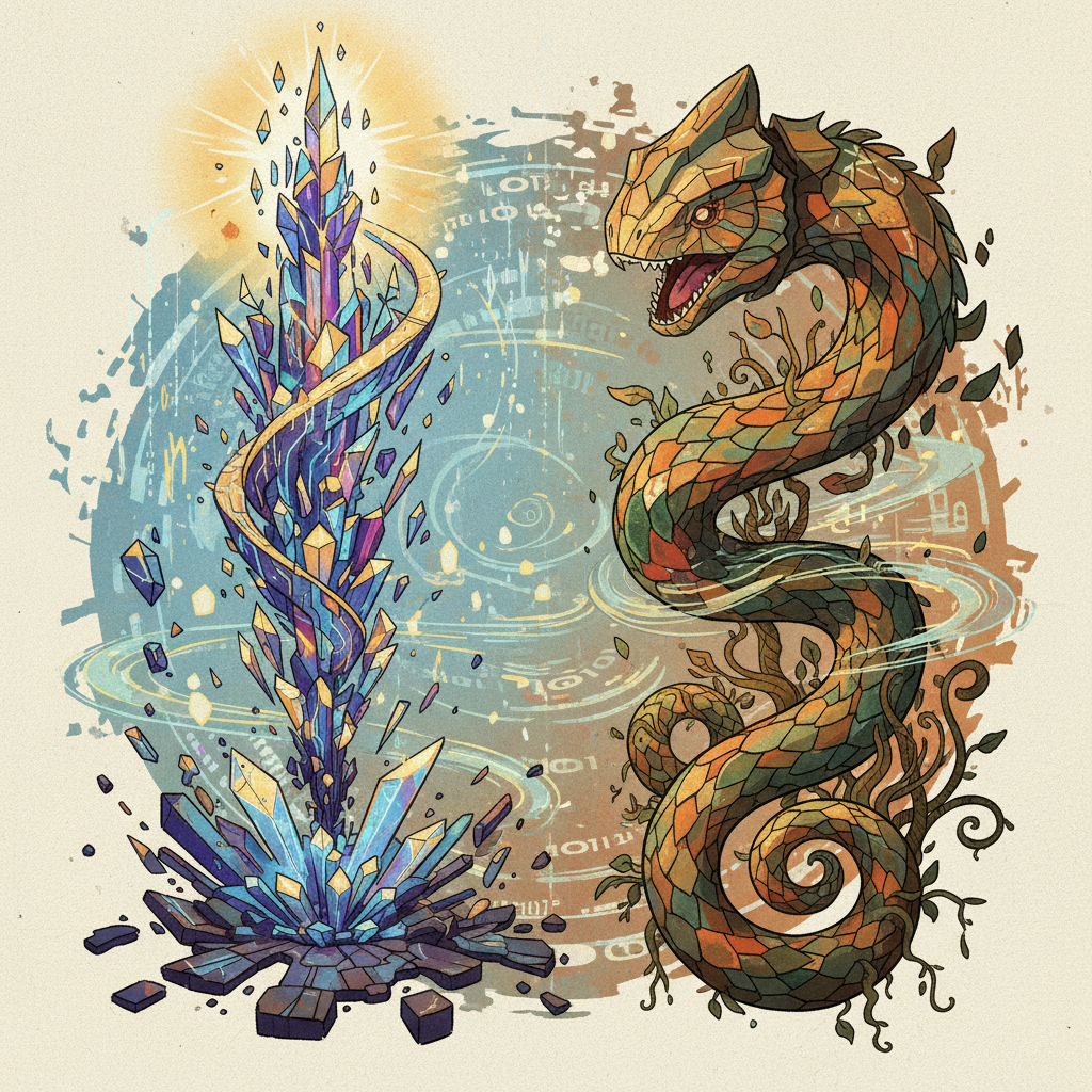 Stylized illustration of two distinct AI entities, one rising, one adapting, representing the shifting dynamics of AI competition. Balanced composition, dynamic colors, textured background. Style: artistic rendering. No visible text. No Korean characters.