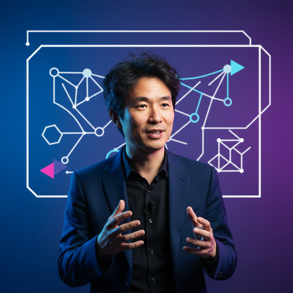 A renowned AI scientist Yann LeCun explaining a new AI concept, clean infographic, modern layout, high contrast, blue and purple gradient background, Korean appearance, natural expression, centered focus, 4:3 aspect ratio, no text