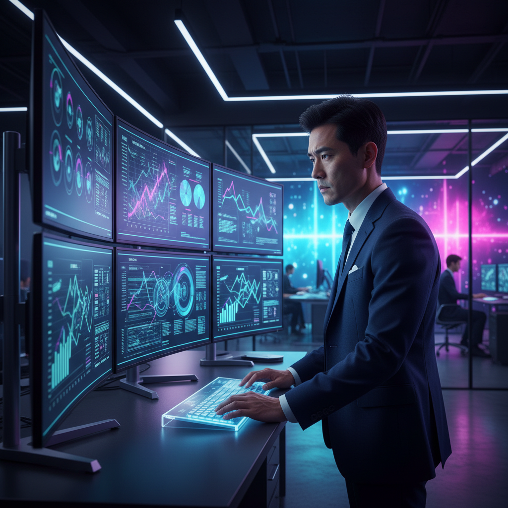 A serious-looking Korean data analyst looking at complex data on multiple screens in a modern tech office, professional setting, cool lighting, colored background, no visible text.
