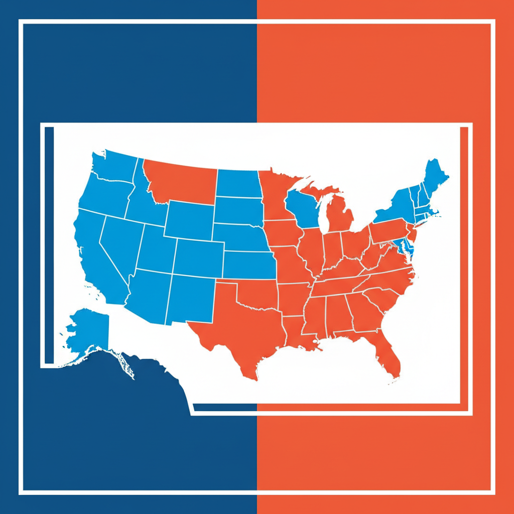 Clean infographic showing a map of the United States with some states highlighted for AI regulations, others for federal preemption, high contrast, modern layout, colored background, no text