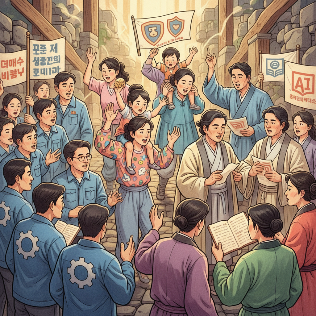 Vivid illustration of diverse groups of people (labor unions, child safety advocates, civil liberties organizations) engaged in discussion or protest regarding AI regulation, dynamic composition, warm lighting, textured background, no text in image. Korean appearance.