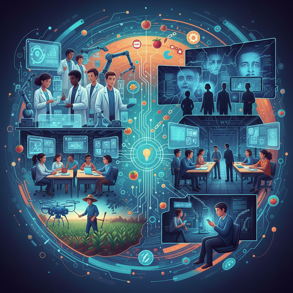Visually rich illustration showing diverse aspects of society influenced by AI, with both positive and challenging elements, dynamic composition, colored background, no text