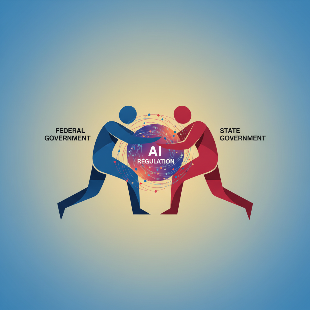 Clean infographic, two stylized figures representing federal and state government clashing over a concept of AI regulation, high contrast, modern layout, gradient background, centered focus, no text in image. Korean appearance.