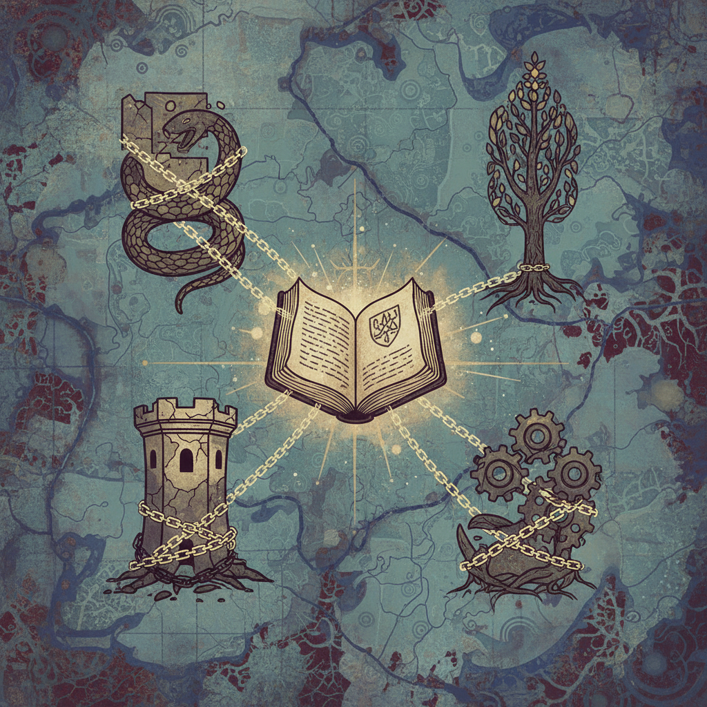 Illustrative scene depicting a single rulebook governing multiple entities representing different states, with some entities appearing constrained, textured background, artistic rendering, no text