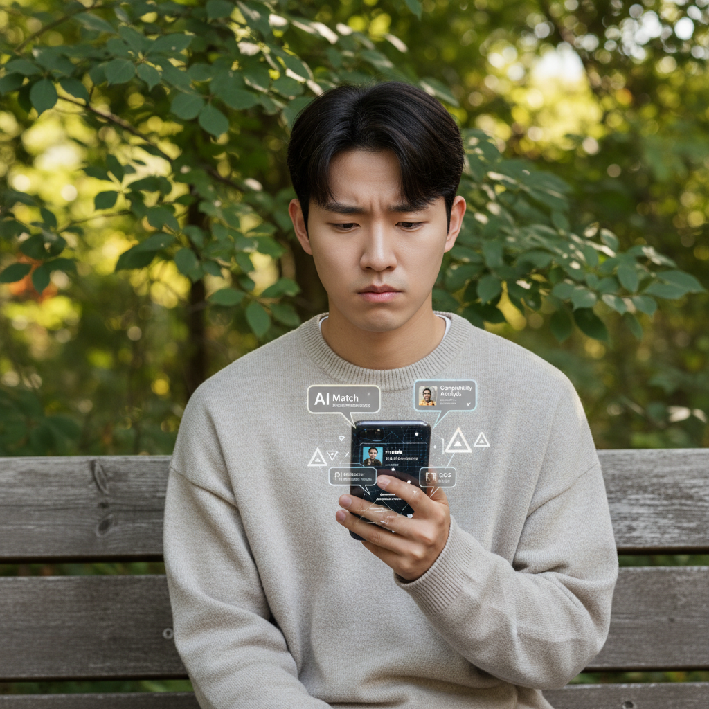 A young Korean person looking thoughtful and slightly skeptical while holding a smartphone displaying a dating app with AI features, sitting in a natural setting with a textured background, natural expression, no text