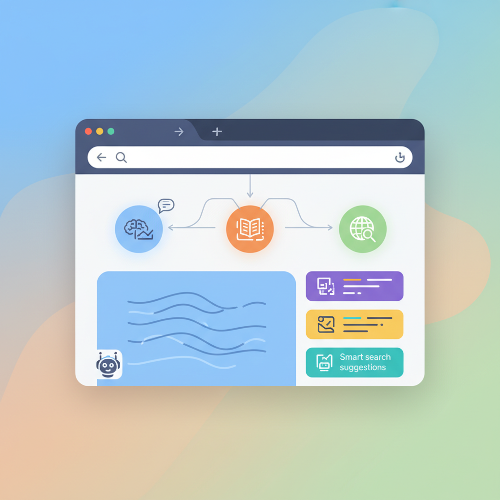 A sleek, modern Firefox browser interface with AI integration, showing smart search suggestions, content summarization, and a clean layout. The background is a gradient, bright and balanced lighting, no visible text on UI elements, clean infographic style, colored background, 4:3 aspect ratio