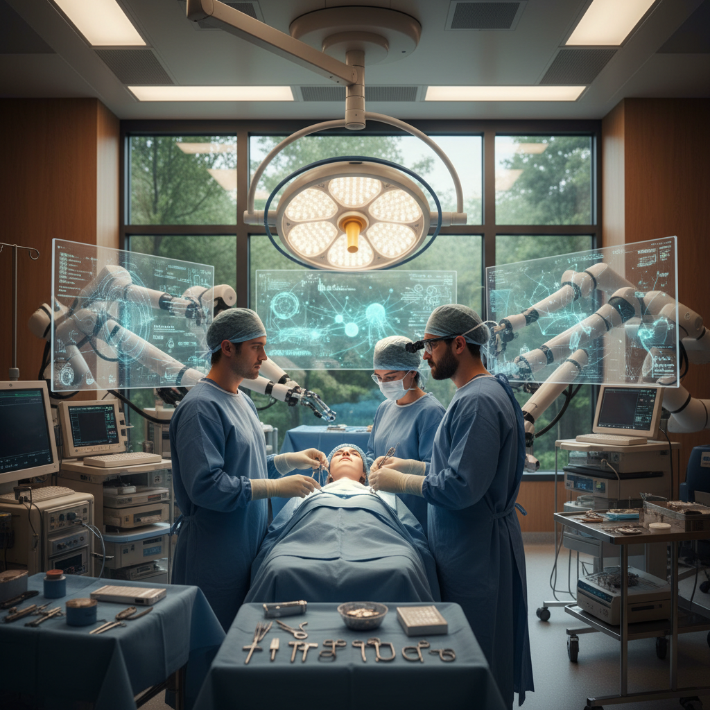 A visually rich scene of a smoothly running operating room with modern equipment, subtle indications of AI integration, calm and efficient atmosphere, lifestyle photography, warm lighting, natural setting, no text, 4:3 aspect ratio
