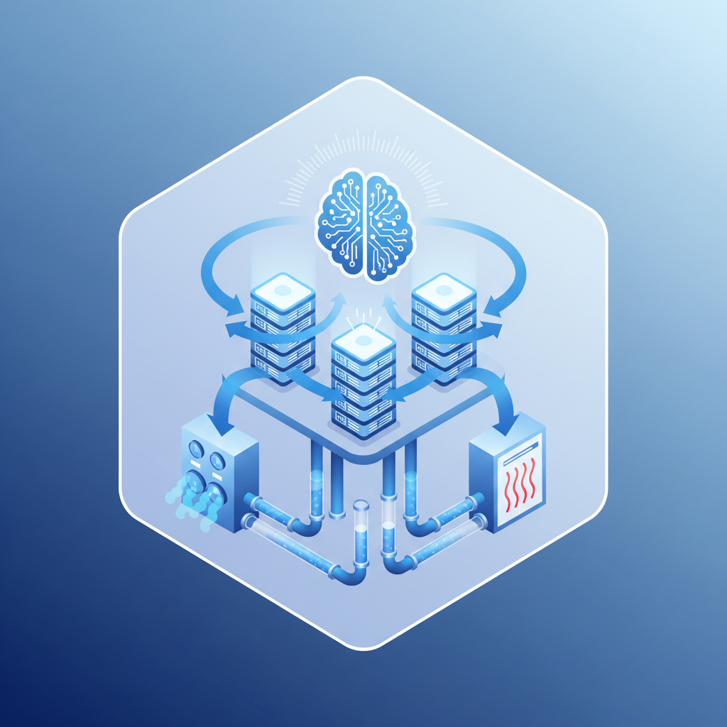 Clean infographic illustrating an intelligent cooling system within a data center. AI brain icon analyzing data, showing optimized airflow and water circulation. Futuristic, high-tech, blue and white color palette. No text. Colored background, minimal empty space.