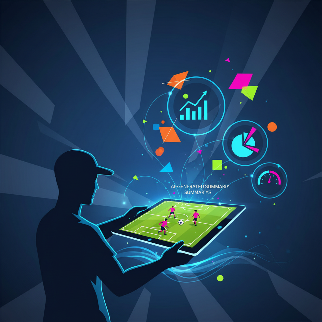 A dynamic infographic showing a sports fan watching a football game on a tablet, with AI-generated summaries and statistics popping up around the screen. Modern layout, vibrant colors, clean lines, no text.