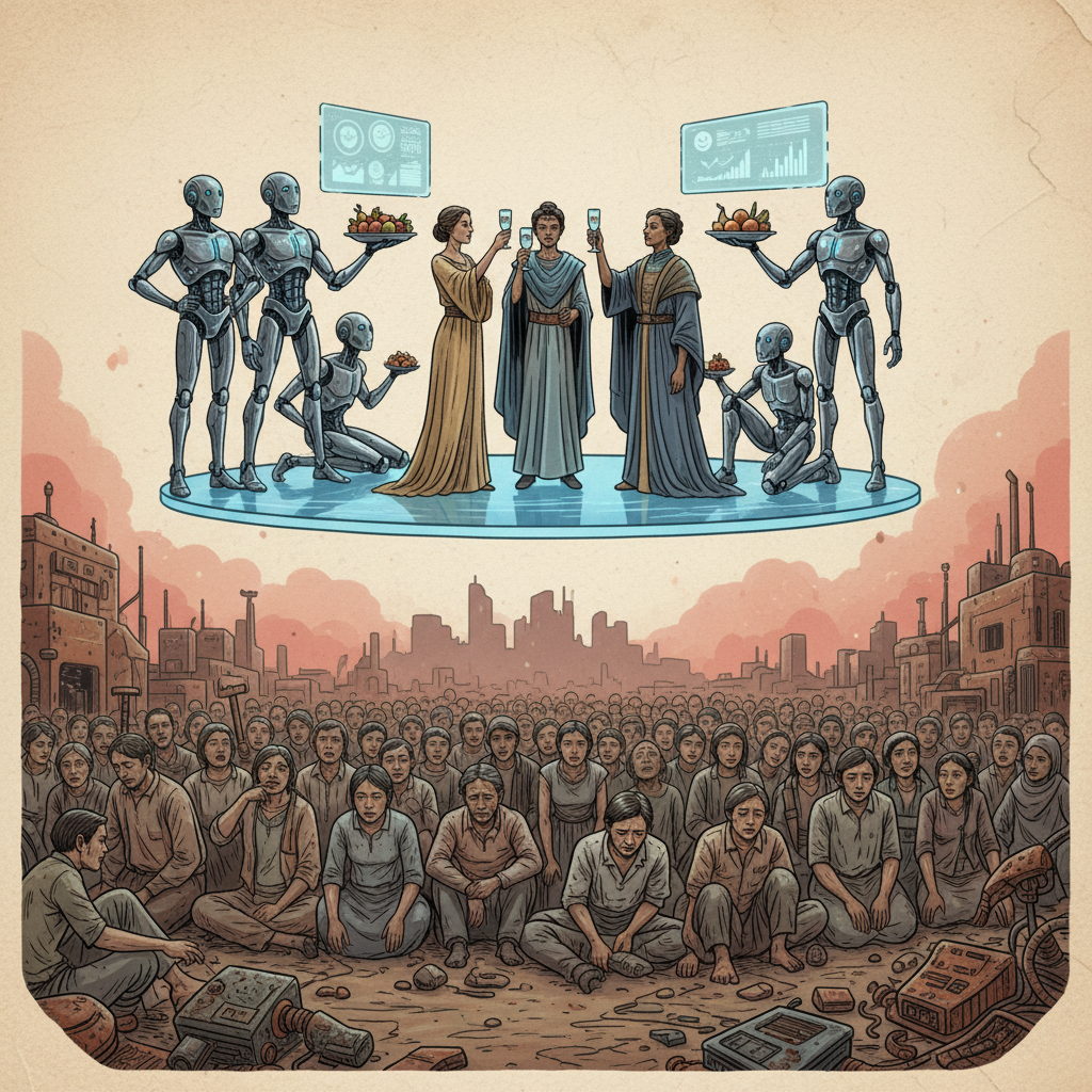 An illustration depicting a stark contrast between a small group of wealthy individuals benefiting from advanced AI robots and a large group of ordinary people in a less fortunate situation, artistic rendering, textured background, no text