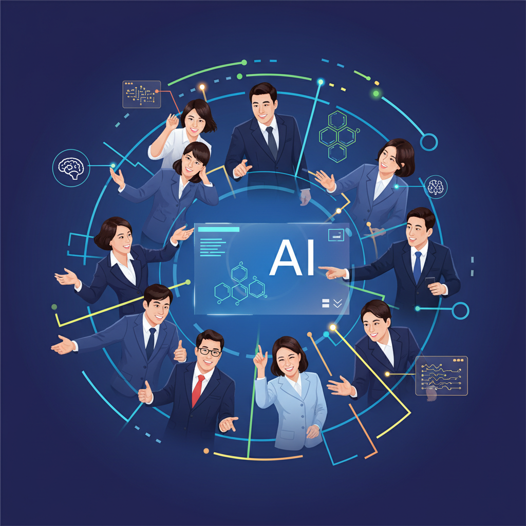 A modern infographic showing a diverse group of Korean professionals working together, surrounded by abstract AI interface elements. Emphasize collaboration and efficiency. Clean lines, high contrast, colored background, no text, no visible text in image.