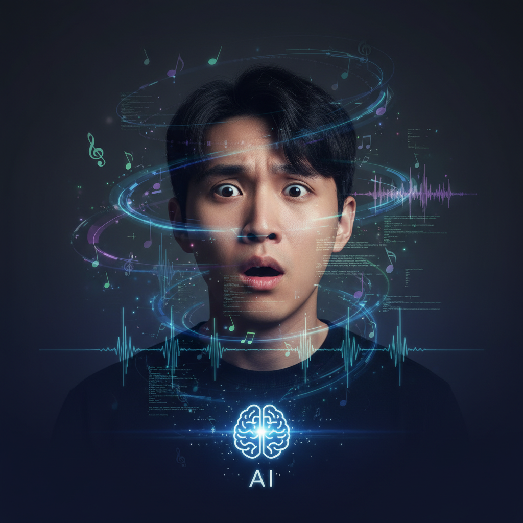 A Korean music fan with a bewildered expression, surrounded by abstract digital waveforms and musical notes, suggesting the complex nature of AI in music, dark and thoughtful atmosphere, gradient background, no text