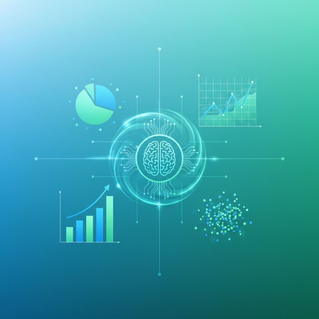 A clean infographic showing data analysis through AI, various charts and data points, vibrant blue and green color scheme, gradient background, no text, 1:1 aspect ratio