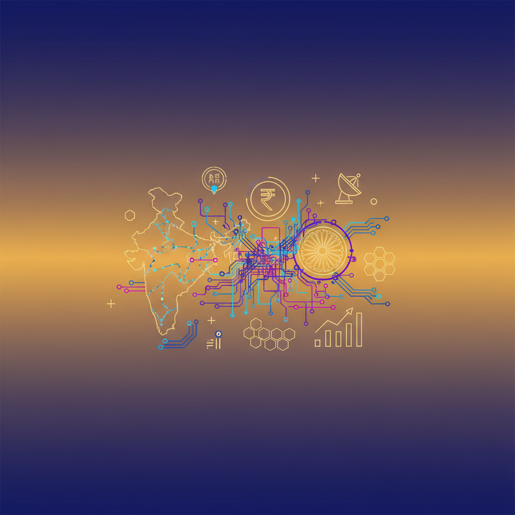 clean infographic, modern layout, high contrast, abstract representation of AI neural networks interwoven with symbols of Indian digital infrastructure and economy. Bright, balanced lighting, gradient background, no visible text.