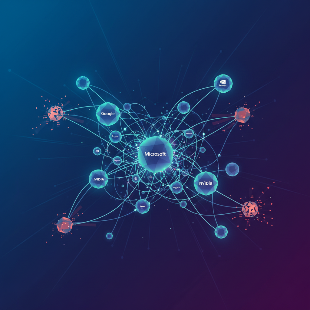 An intricate network of interconnected digital nodes representing various tech companies collaborating on AI projects, with some nodes showing signs of financial strain, clean infographic style, modern layout, high contrast, colored background, no text, full frame