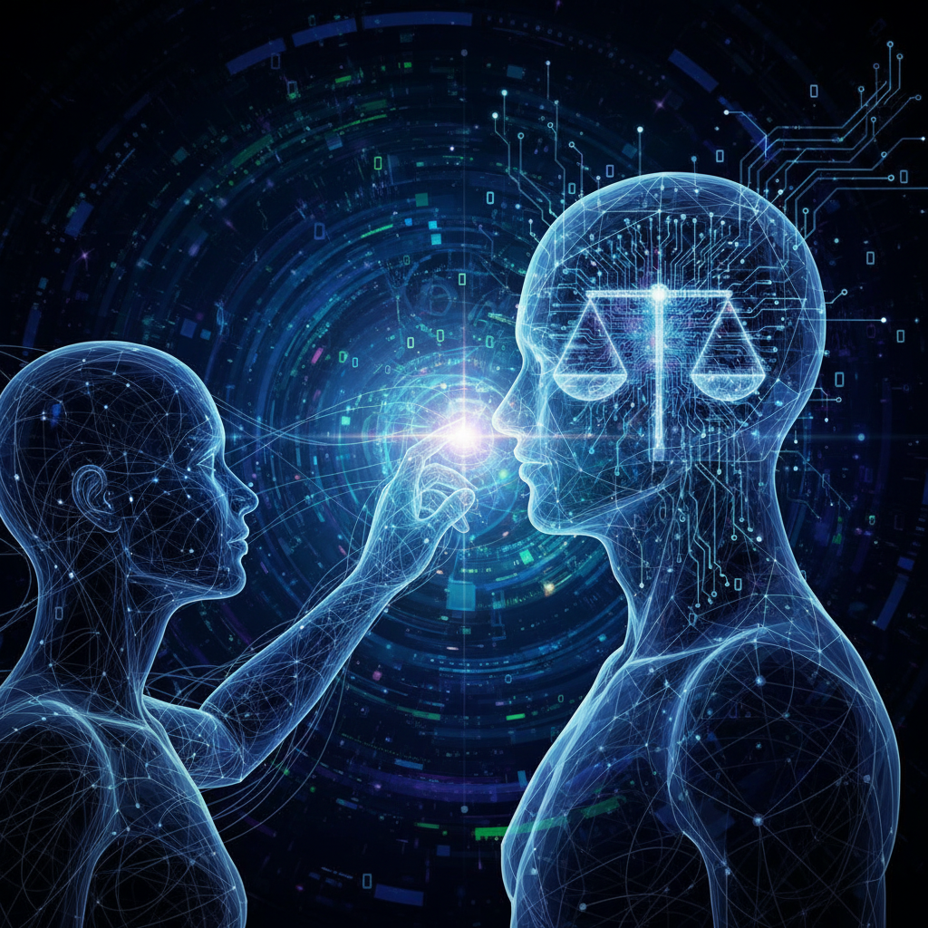 An illustration depicting abstract concepts of trust, ethics, and technology, with a person interacting with an AI representation, set against a dark, thought-provoking colored background, no visible text.