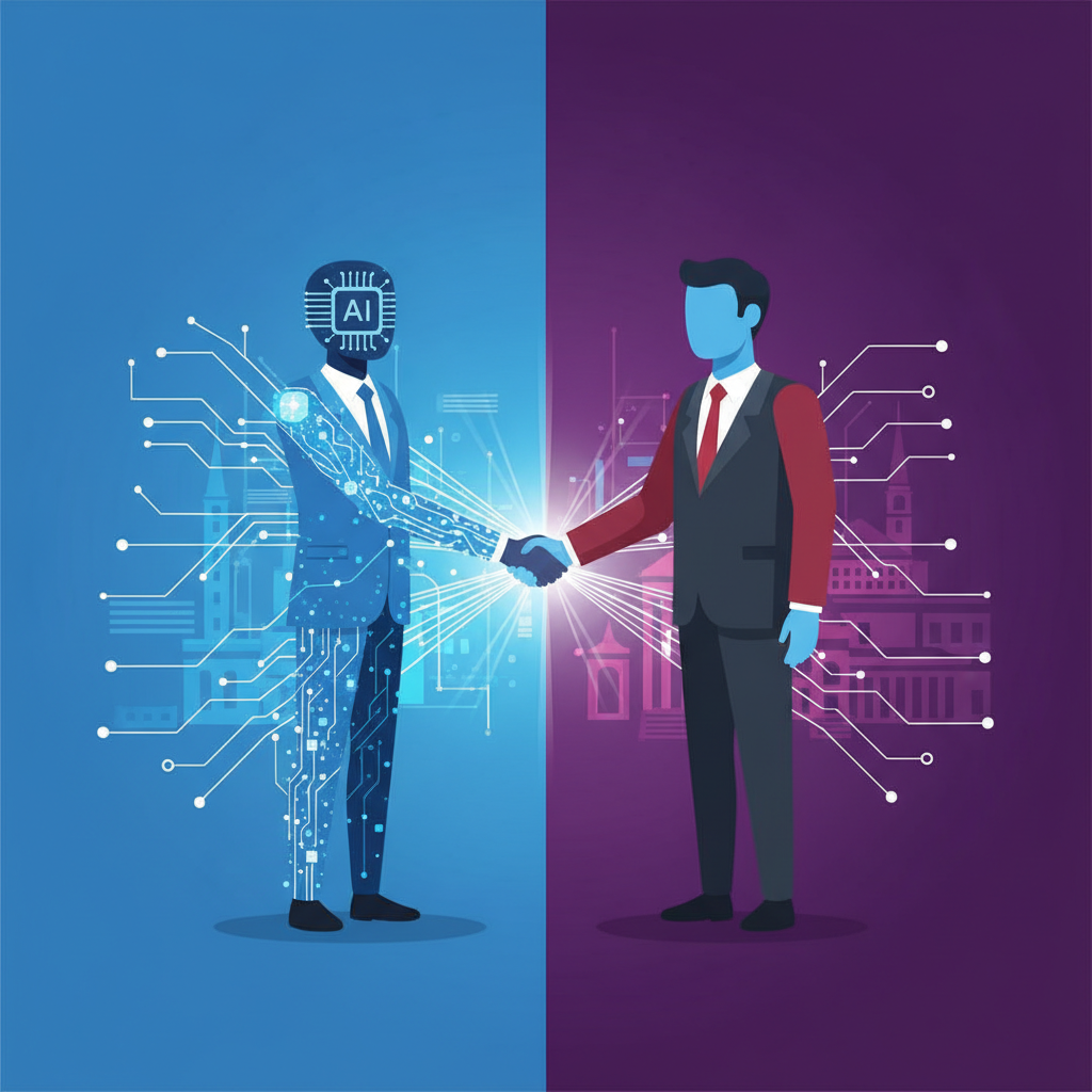 A modern, clean infographic depicting a handshake between a business person (representing AI tech) and a politician, set against a backdrop of intertwining digital networks and parliamentary buildings, clean infographic, modern layout, high contrast, colored background, no text, 1:1