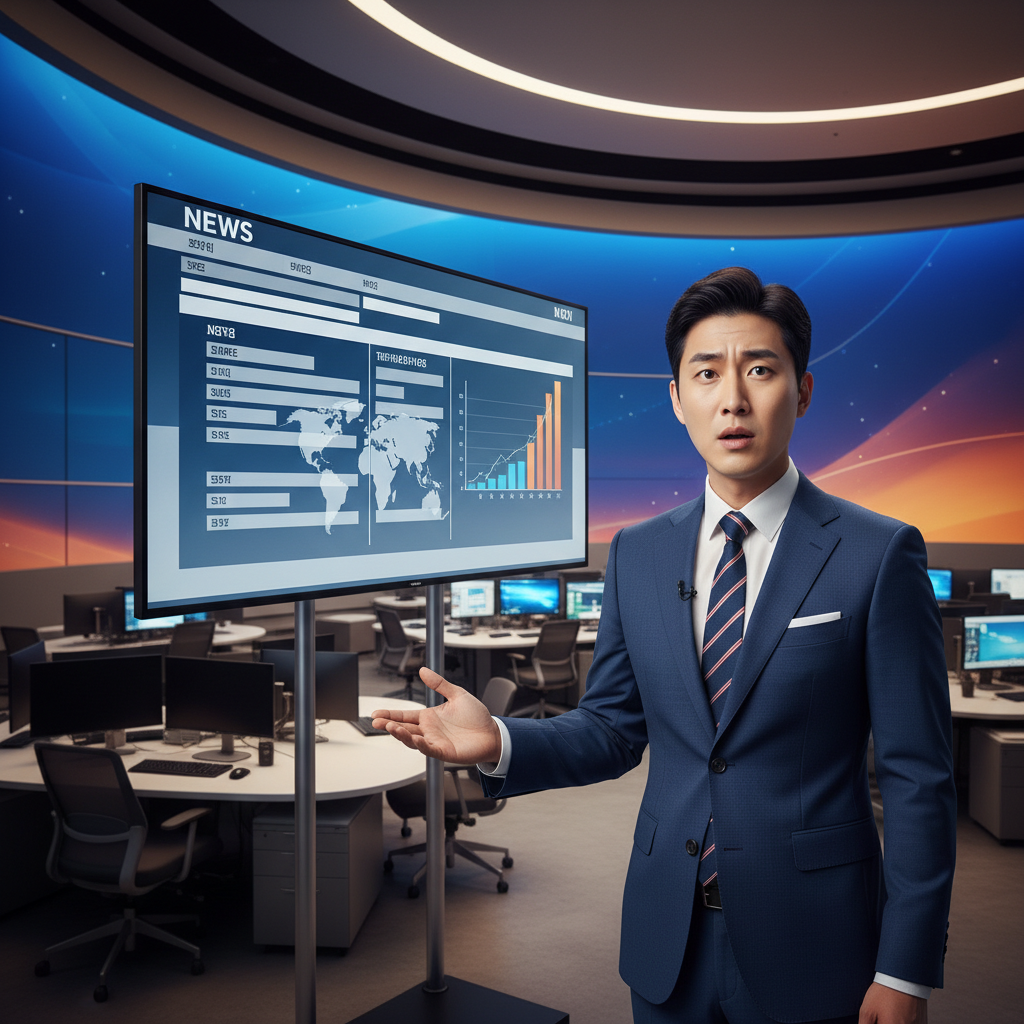 A male Korean reporter with a surprised and confused expression, looking at a digital news bulletin displaying incorrect information. The screen shows a generic news layout with placeholder text, no visible real text. Modern newsroom setting, warm lighting, dynamic blue and orange gradient background, no text.