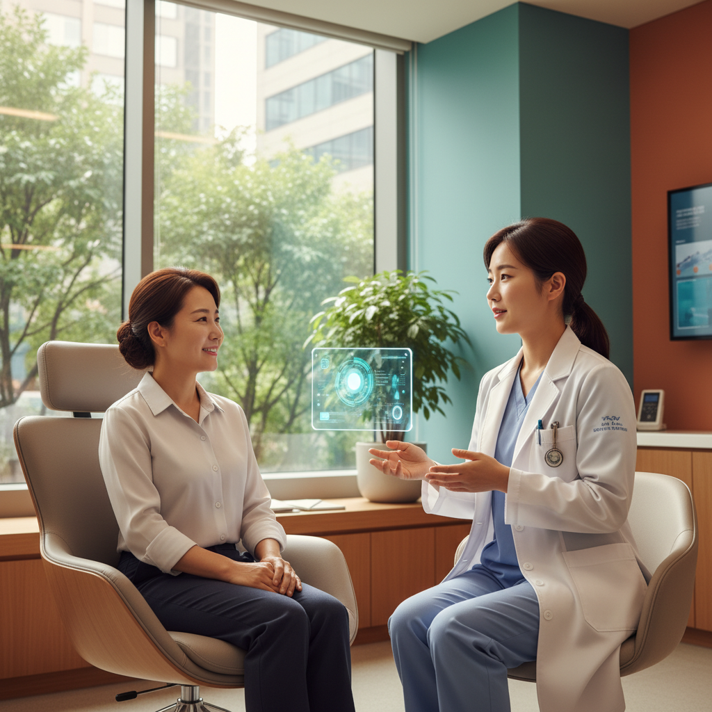 A Korean doctor in a modern clinic, looking calm and focused while conversing with a patient, reflecting reduced stress and improved efficiency thanks to AI. Lifestyle photography, warm lighting, natural setting, colored background, no text. 4:3 aspect ratio