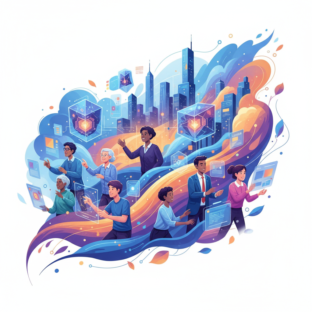 Dynamic illustration of the future of the AI data economy, showcasing human experts and AI systems harmoniously contributing to innovation. Bright, optimistic colors, subtle technological elements in the background, no visible text.