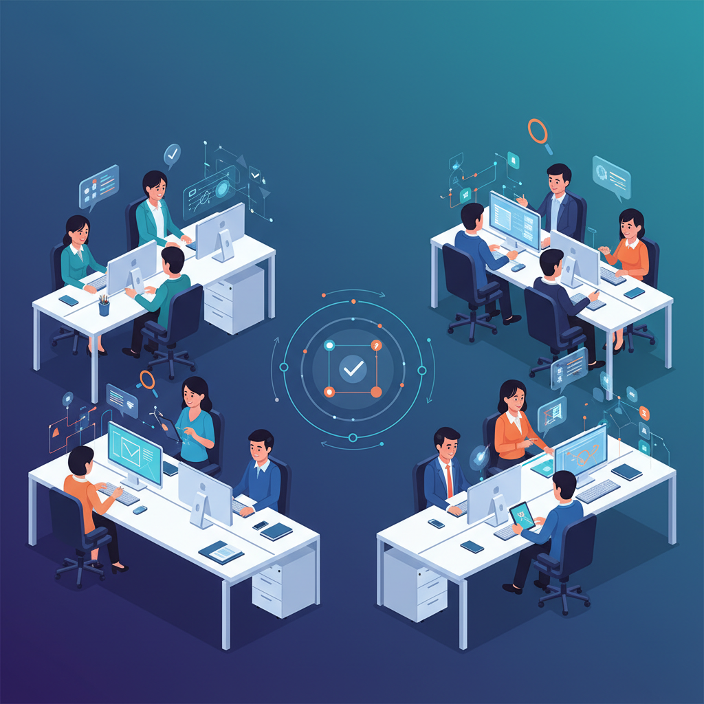 A bustling office environment with diverse professionals collaborating on data annotation tasks, clean infographic style, modern layout, high contrast, colored background, Korean appearance, no text