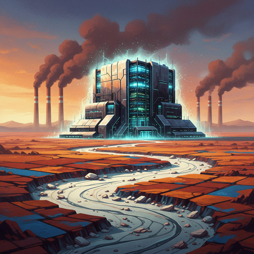 Illustration, artistic rendering, textured background. A futuristic data center, glowing with energy, surrounded by barren land and a dried-up riverbed, symbolizing excessive water and electricity consumption. Smoke stacks in the background. Colored background, minimal empty space, bright, balanced lighting. No visible text.