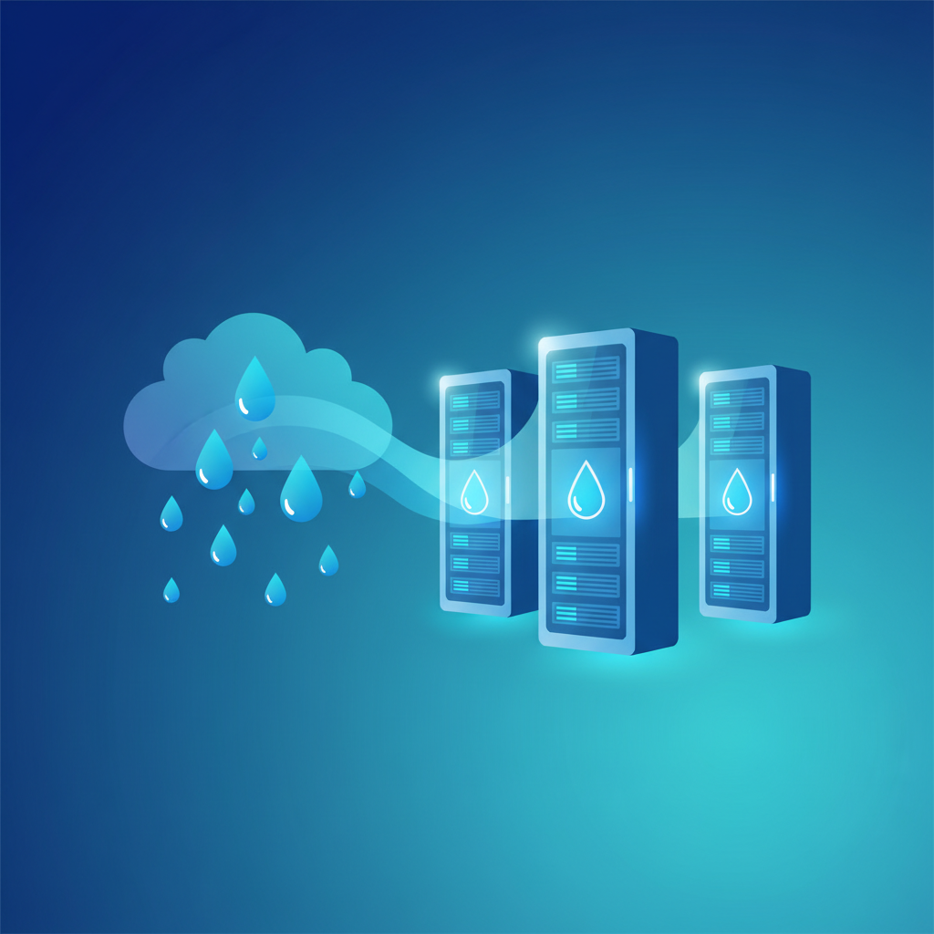 Infographic illustrating significant water usage for AI data centers, with water droplet symbols flowing into server racks, clean design, colored background, no text
