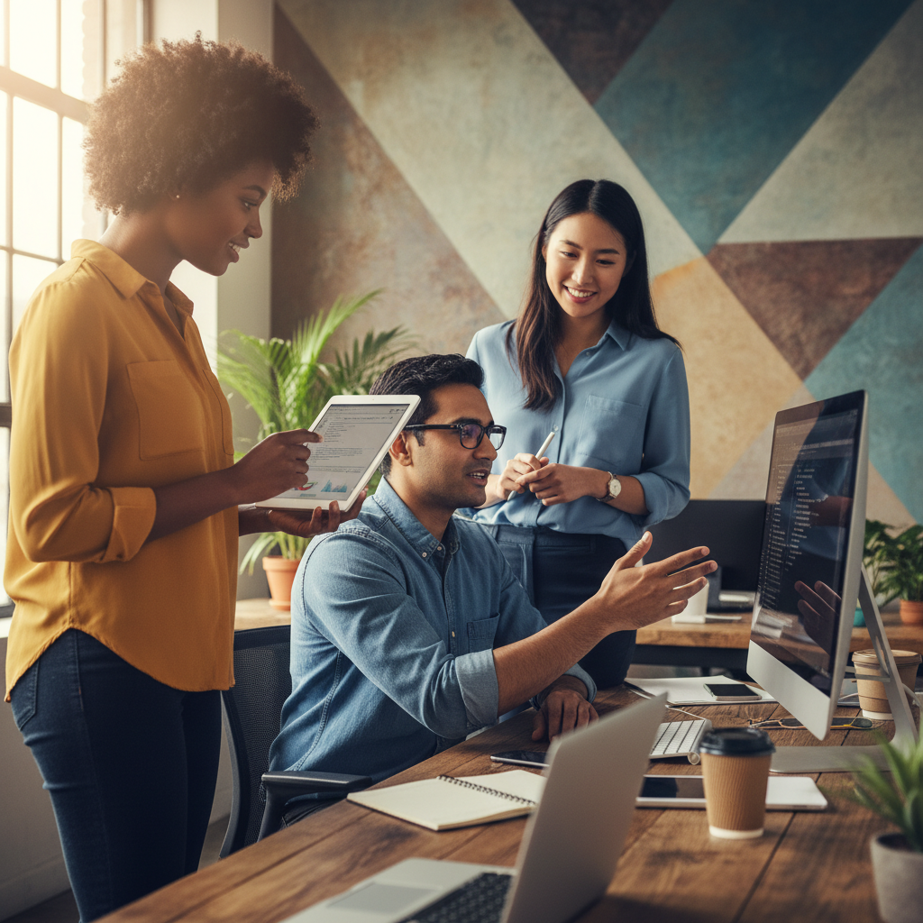 Lifestyle photography of diverse professionals collaborating on AI data tasks. One person explains something on a tablet to another looking at a screen. Focus on natural interaction, warm lighting, contemporary office setting with a textured background. No visible text.